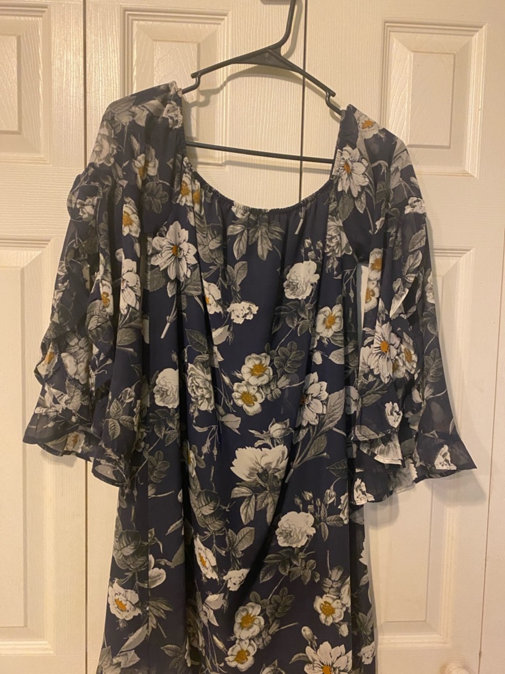 Altar'd State Navy Floral Off-Shoulder Ruffle Sleeve Mini Dress